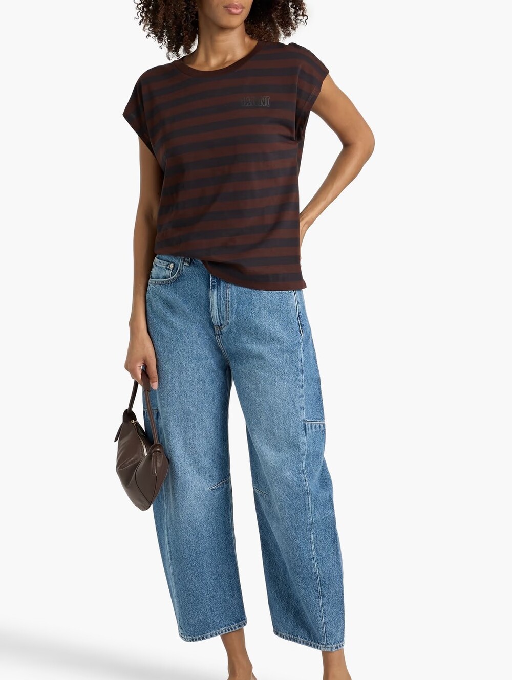 Ganni Striped Cotton Jersey T-shirt Chocolate Medium